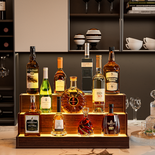LED Liquor Bottle Display Shelf 24" App Remote Control Walnut