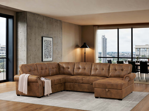 Sofa Bed U-Shape Faux Leather Brown Sleeper Storage Chaise 114 In