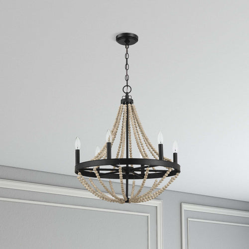 Chandelier Farmhouse Wood Beaded 6-Light Black Metal Glass 22 In