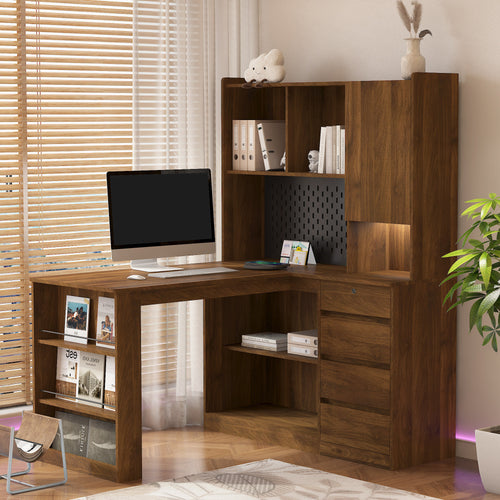 L Shaped Desk with Charger,Computer Desk with Drawers,Bookshelf, with LED Lig...