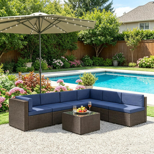 Outdoor Sectional Set PE Rattan Metal Dark Blue Black 7 Piece 264 LB