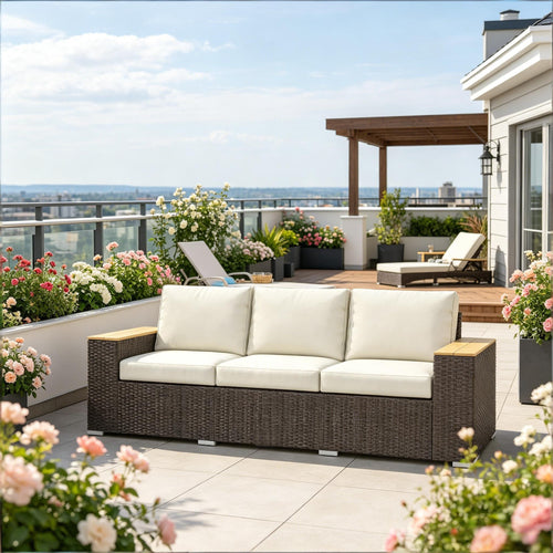 Outdoor Sofa PE Rattan Beige 3 Seat 89in Deep Seat 726 LB