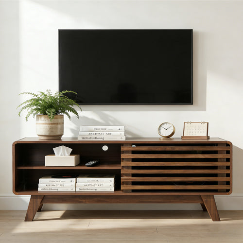 TV Stand Walnut MDF Slatted Sliding Door Fits 50 In TV Cable Management
