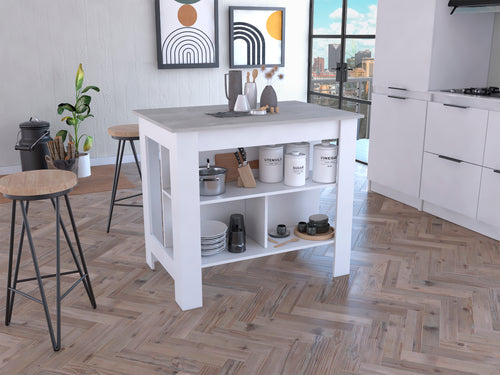 White Kitchen Island with Three Shelves and Marble Top