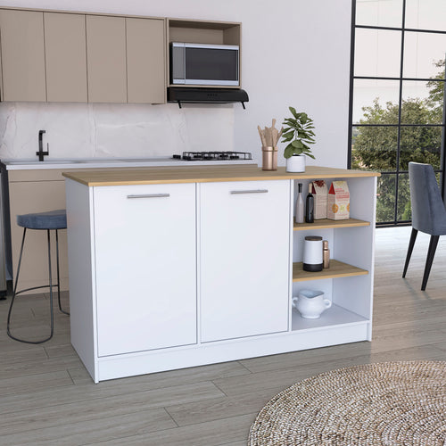 Ginger Kitchen Island with 3 Shelves and 2-Door Cabinets