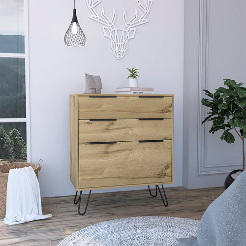 Augusta Dresser with Hairpin Legs, Three Drawers, Light Oak