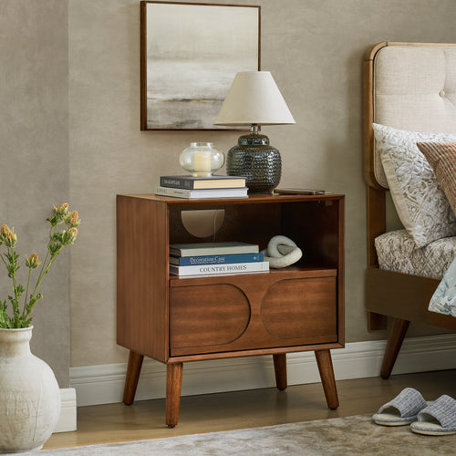 Mid Century Modern Walnut Nightstand with USB Charging
