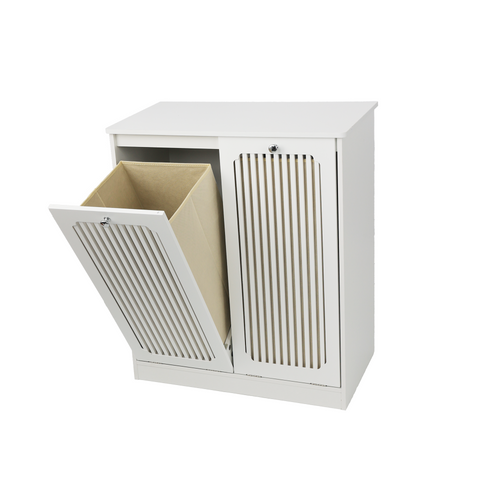 White Louvered Flip-Top Laundry Cabinet with Fabric Baskets