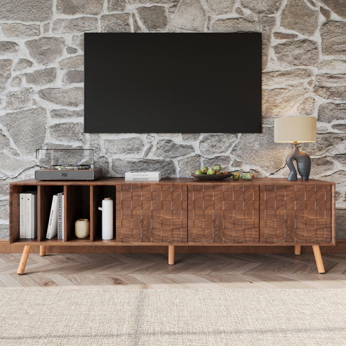 Mid-Century Walnut TV Stand 80" Push-Pop Doors MDF Wood