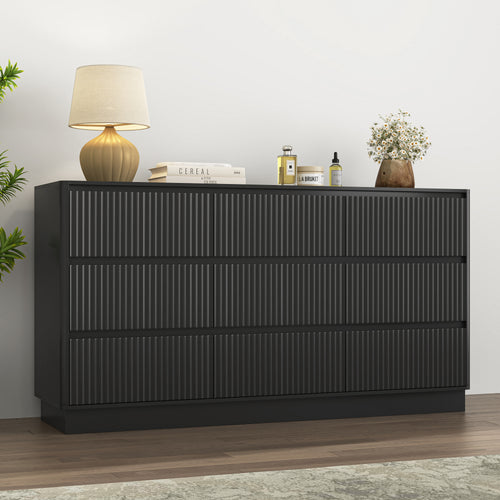 Mid-Century 9-Drawer Black Wave Dresser 59.1x15.7x31.6