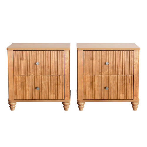 Mid Century Fluted Nightstand with 3 Drawers, 21.65 in Wide, Natural, 2-Piece