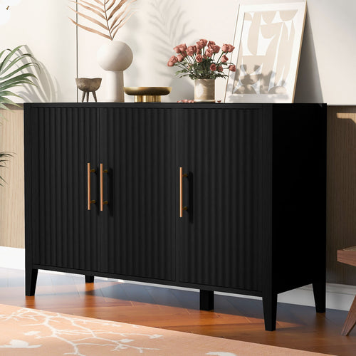 3-Door Wavy Sideboard Cabinet with Pine Legs, Painted