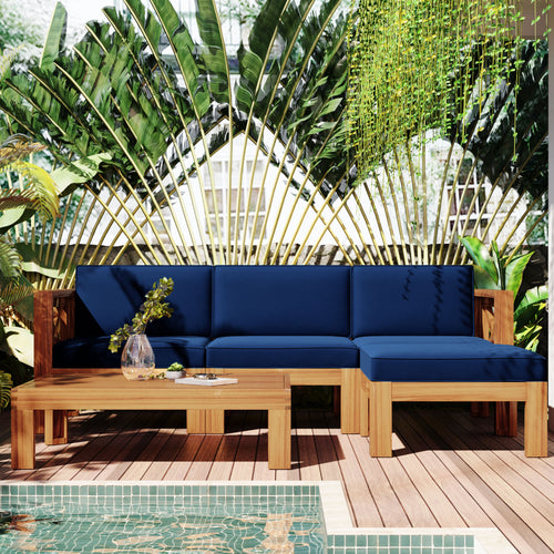 Outdoor Patio Sectional Set Acacia Wood Natural Blue Cushions 5 Piece