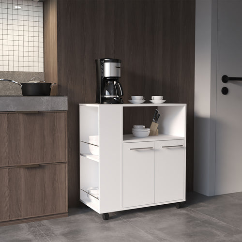 White Two-Door Kitchen Base Cabinet Cart with Shelves