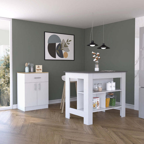 2 Piece White Kitchen Island and Pantry Cabinet Set