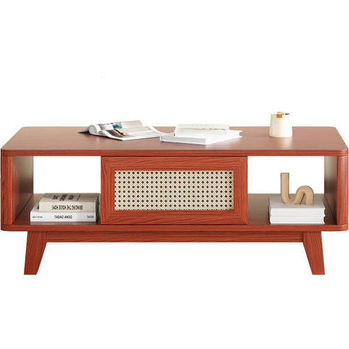 Mid Century Modern Square Coffee Table with Rattan Drawer