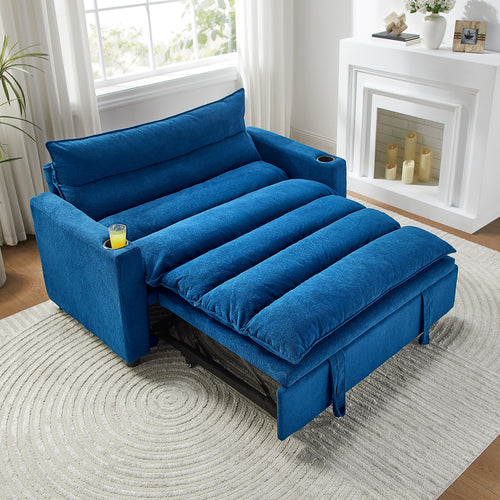 Sofa Bed 3-in-1 Velvet Blue Pull-Out Adjustable Backrest Cup Holder 47 In