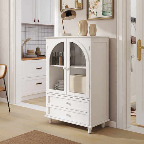 White Farmhouse Arched Glass Door Buffet Sideboard Cabinet
