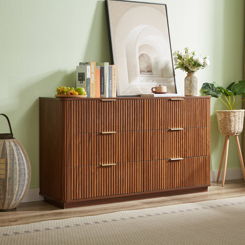 Dresser Modern 6-Drawer Walnut MDF Wave Texture 55.1x15.75x31.5 In 150 LB