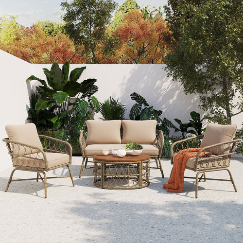 Outdoor Patio Set Wicker Boho Beige Cushion Oval Acacia Table 4 Piece