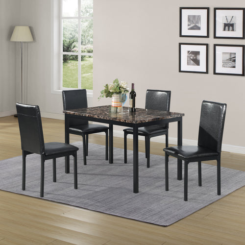 5 Piece Black Metal Dinette Set Faux Marble Top Table