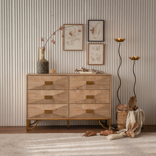 Chest Modern 6-Drawer Natural Wood Geometric Diamond Gold Legs 47.24 In
