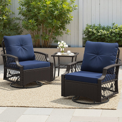 Outdoor Bistro Set Wicker Swivel Glider Navy Blue 3 Piece