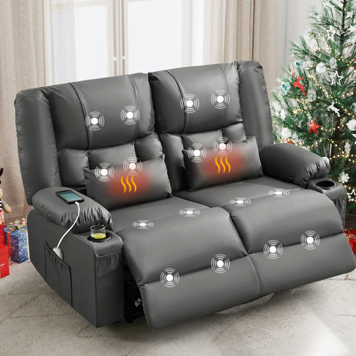 Gray Manual Reclining Loveseat with Massage, Heat & Cup Holders