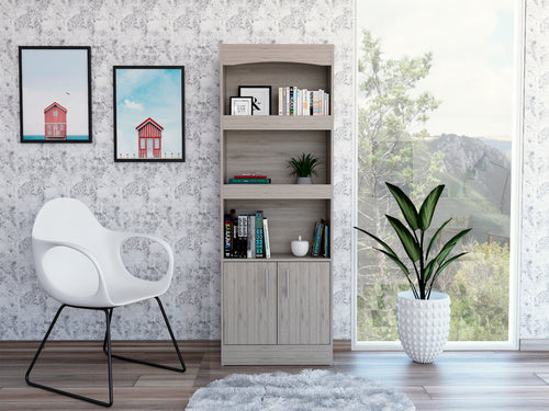 Simma Three Shelf Metal Hardware Double Door Bookcase Light Gray