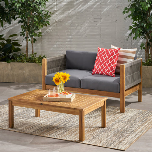 Outdoor Loveseat Set Acacia Wood Rattan Rope Teak Cushion 2 Piece