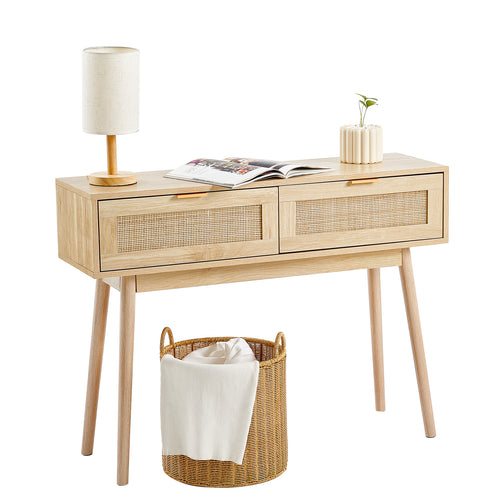 Rattan Console Table with Storage Drawers and Sliding Door