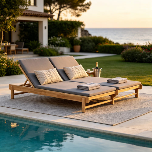 Teak Acacia Wood Double Chaise Lounger Set, Adjustable Backrest