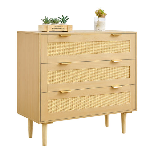 3 Drawer Rattan Dresser with Metal Handles & Wooden Legs