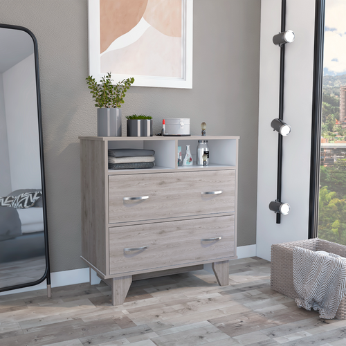 Two Drawer Dresser with Open Shelves - Light Gray/White
