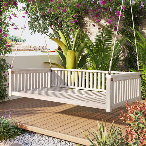 Outdoor Swing Bed Acacia Wood White Twin Size Minimalist 79.1x41.3 In 350 LB