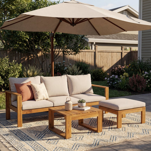 Outdoor Patio Set Acacia Wood Teak Beige Gray 3 Piece Sofa Ottoman