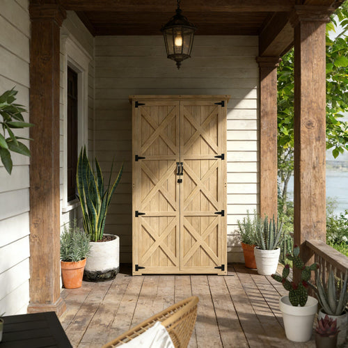Outdoor Storage Shed Fir Wood Natural Vertical Lockable 35.5in