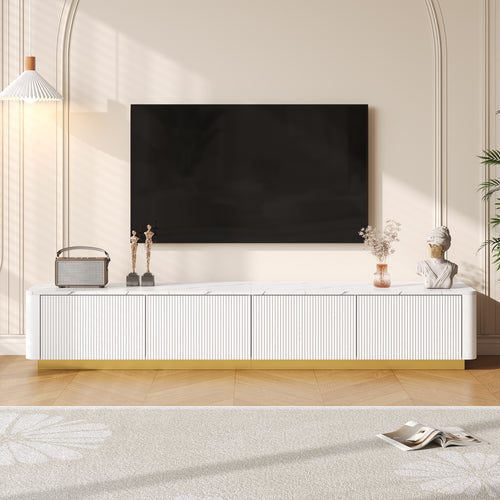 Luxury Fluted White TV Stand Faux Marble Top 4-Drawer 85