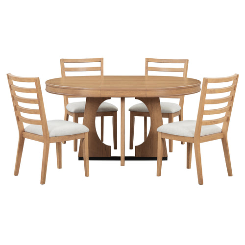 Retro Round Extendable Dining Table Set 4 Chairs Natural Wood