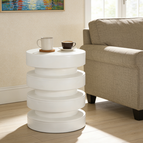 MGO Round Side Table, 3-Tier Design, Indoor Outdoor, 14.2x19.4 in, White