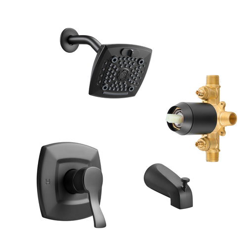 Matte Black Tub Shower Faucet Set Rainfall Head Brass Valve