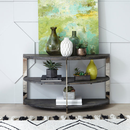 Half Moon Console Table with 2 Shelves, Charcoal and Chrome