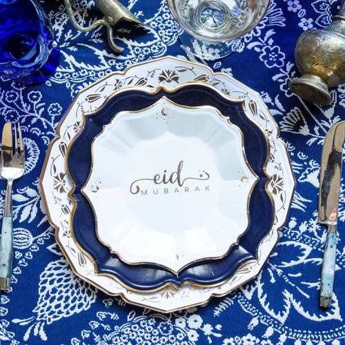 White and Navy Eid Party Set, Serves 8, 32 Pieces