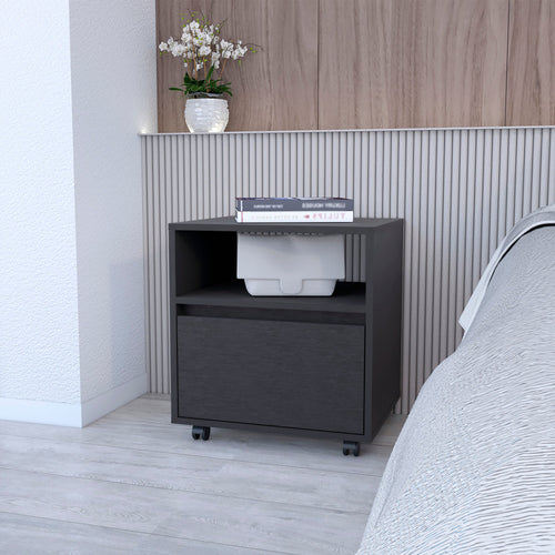 Mobile Nightstand with Drawer, Open Shelf and Casters