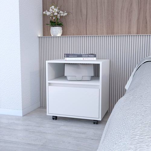Mobile Nightstand with Drawer, Open Shelf and Casters