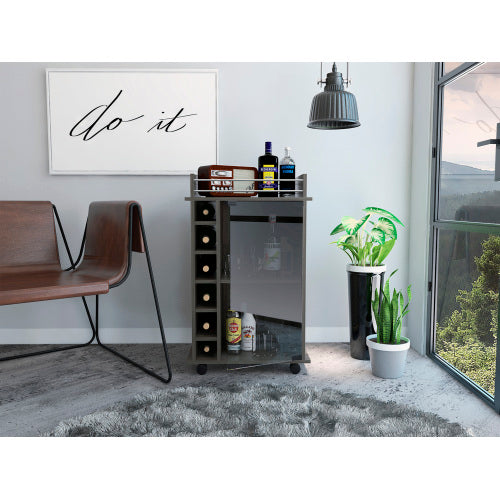 Bar Cart - Espresso - Glass Door Cabinet & 6-Bottle Rack