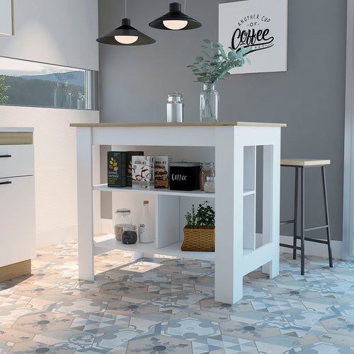 White Light Oak Kitchen Island with Shelves