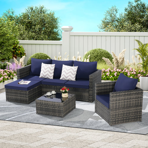 Outdoor Sectional Set PE Rattan Steel Dark Blue 4 Piece Seats 6 380 LB