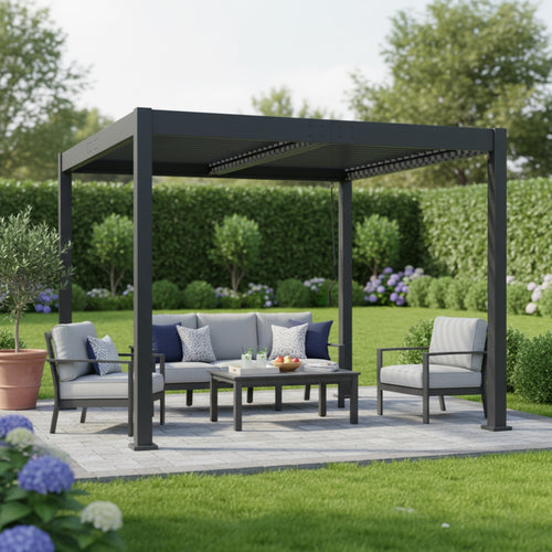Byron Black Aluminum Outdoor Pergola Adjustable Louver Roof