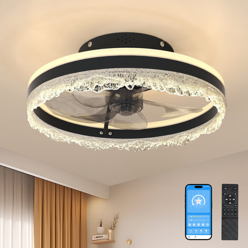 16" Quiet Ceiling Fan with Light – LED Crystal Flush Mount Fan Lamp